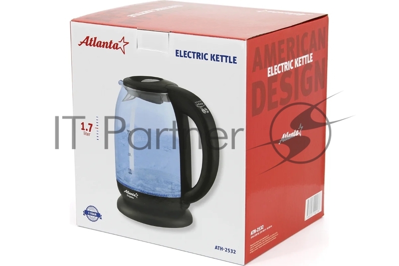 ATLANTA, ATH-2532 черн, Чайник стекло Стекло, 1,7л, 2200Вт, ЦИФРОВОЙ КОНТРОЛЛЕР ТЕМПЕРАТУРЫ НА РУЧКЕ, черный, температурная иллюминация, защита от перегрева без воды.