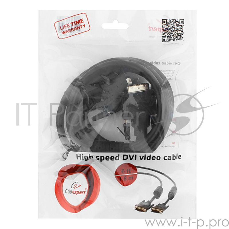Кабель Кабель DVI-D dual link Gembird/Cablexpert , 25M/25M, 1.8м, черный, экран, феррит.кольца, пакет(CC-DVI2-BK-6)