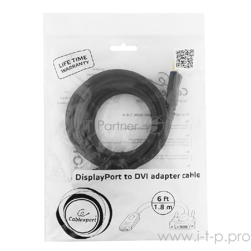 Кабель Кабель DisplayPort-DVI Gembird/Cablexpert 1.8м, 20M/19M, черный, экран, пакет(CC-DPM-DVIM-1.8m)
