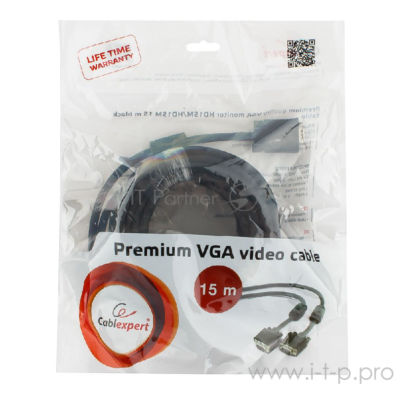 Кабель Gembird /Cablexpert CC-PPVGA-15m-B, Кабель VGA Premium ,15M/15M, 15м, тройн. экран,феррит. кольца,пакет ,черные