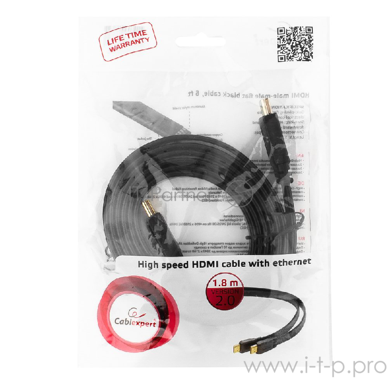 Кабель Кабель HDMI Gembird/Cablexpert , 1.8м, v1.4, 19M/19M, плоский кабель, черный, позол.разъемы, экран(CC-HDMI4F-6)