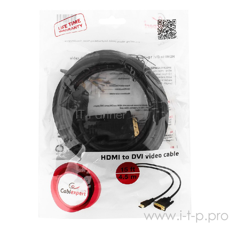 Кабель Кабель HDMI-DVI Gembird, 4.5м, 19M/19M, single link, черный, позол.разъемы, экран CC-HDMI-DVI-15