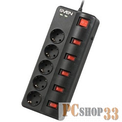 Сетевой фильтр SVEN Фильтр Fort 1.8 м black {5 евророзеток, отдельный выключатель на каждую розетку}