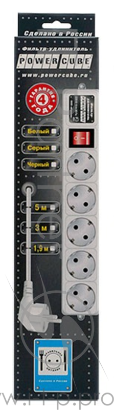 Сетевой фильтр на 5 розеток Power Cube, белый (3.0м)