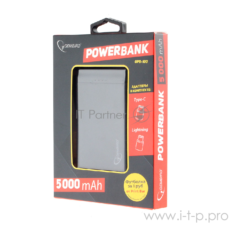Портативный аккумулятор Gembird GPB-100, 5000мА/ч, USB, type-c, 2.1A, черный