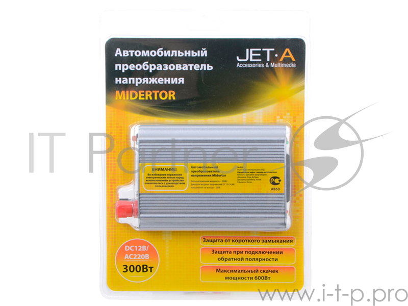 Инвертор авто Jet.A JA-PI2 (Преобразователь питания от прикуривателя 12-220В, мощность 300Вт, нагрузка до 600Вт) + Кабель для подключения от АКБ