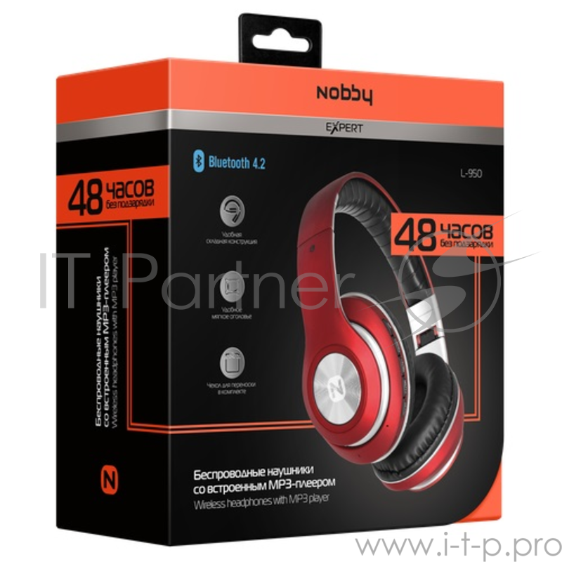 Беспроводная стереогарнитура Nobby Expert L-950, NBE-BH-42-74, BT 4.2, пластик, красный бархат Беспроводные, проводные / Накладные с микрофоном / Крас