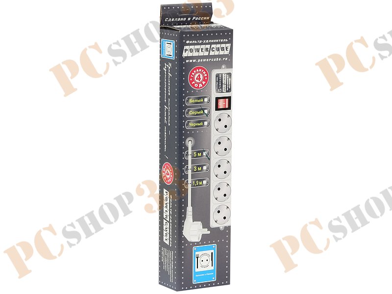 Сетевой фильтр на 5 розеток Power Cube, серый (5.0м)