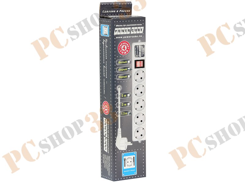 Сетевой фильтр на 5 розеток Power Cube, серый (1.9м)