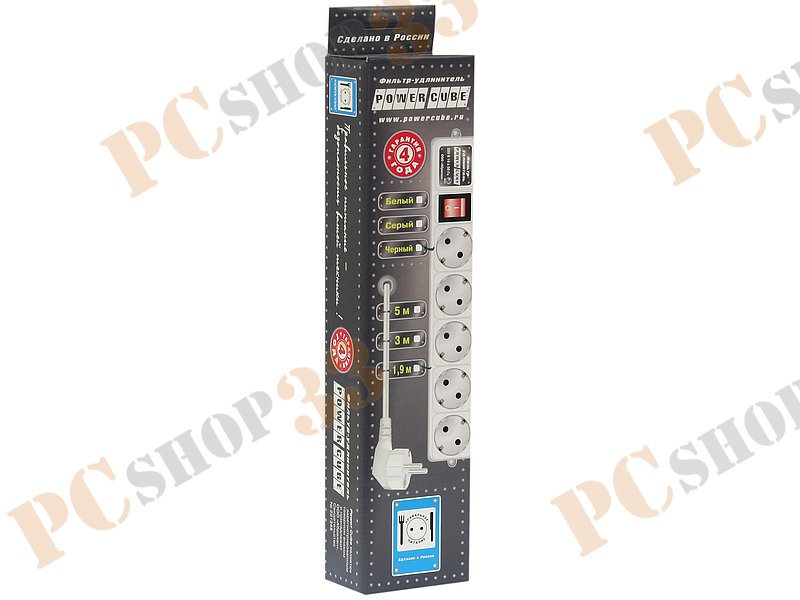 Сетевой фильтр на 5 розеток Power Cube, черный (1.9м)