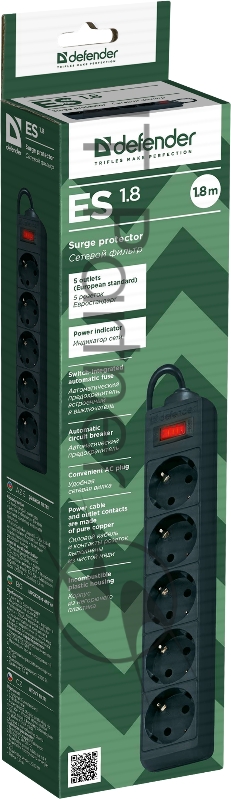 Сетевой фильтр на 5 розеток Defender ES 1.8 99484, черный (1.8м)