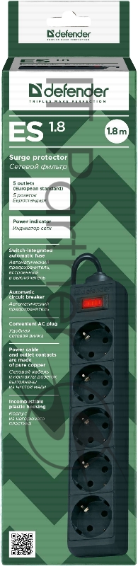 Сетевой фильтр на 5 розеток Defender ES 1.8 99484, черный (1.8м)