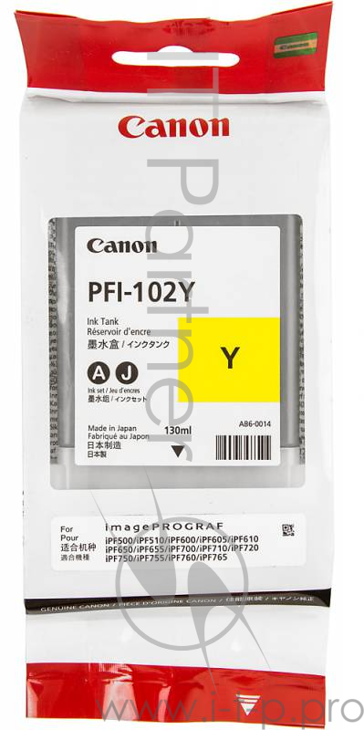Расходные материалы Canon PFI-102Y 0898B001 Картридж для Canon imagePROGRAF iPF605, iPF610., iPF650, iPF655, iPF710, iPF750, iPF755, LP17, iPF510, Желтый, 130 мл.