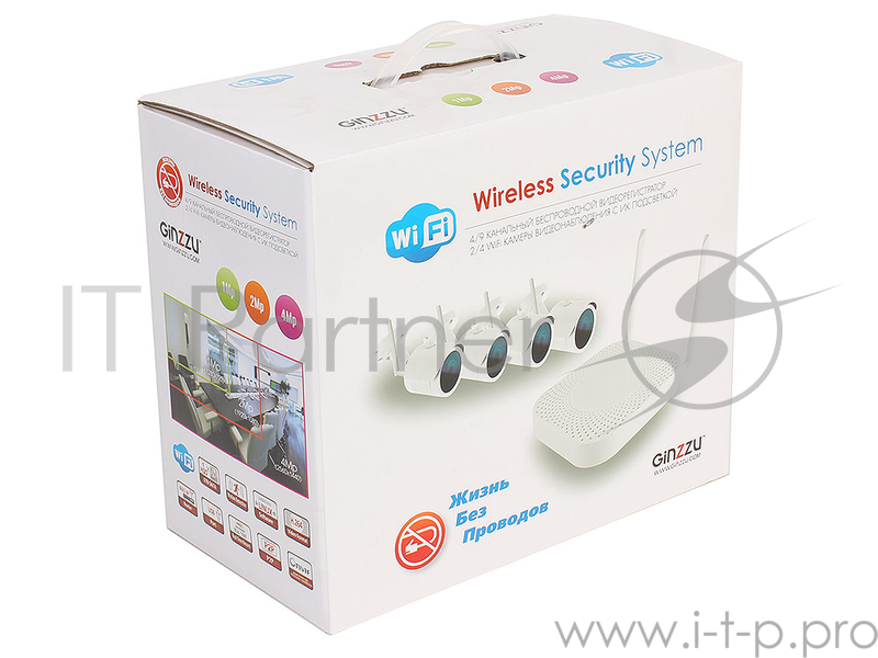 Комплект Видеонаблюдения GINZZU HK-420W WiFi 4ch, 1080P, HDMI, 2улич кам 1.0Mp, IR30м