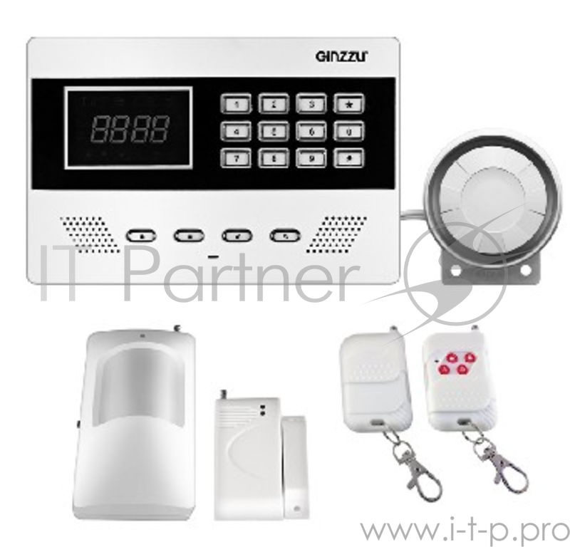GINZZU (HS-K11W) GSM Охранный комплекс Комплект GSM охранной сигнализации: Контрольная панель с экраном и кнопками, 1 датчик движения, 1 дверной/оконный датчик, 2 пульта, сирена Информирование о тревоге телефонным звонком или SMS, подключение до 150