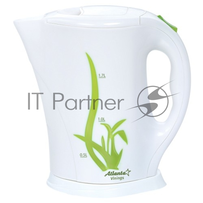 Чайник ATLANTA, ATH-2305Тэн, 1,7л, 2000Вт, белый с зеленым, автомат откл при закипании, защита от перегрева воды, фильтр