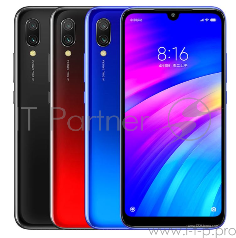 Смартфон Xiaomi Redmi 7 Comet Blue (M1810F6LG), 6.26'' 19:9 1520x720, 1.8GHz, 8 Core, 3GB RAM, 32GB, up to 512GB flash, 12Mpix+2Mpix/8Mpix, 2 Sim, 2G, 3G, LTE, BT v4.2, Wi-Fi, GPS / AGPS, GLONASS, Micro-USB, 4000mAh, Android 9.0 (Pie), 180g, 158.7x75