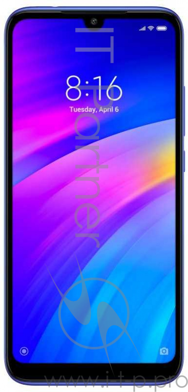 Смартфон Xiaomi Redmi 7 Comet Blue (M1810F6LG), 6.26'' 19:9 1520x720, 1.8GHz, 8 Core, 3GB RAM, 32GB, up to 512GB flash, 12Mpix+2Mpix/8Mpix, 2 Sim, 2G, 3G, LTE, BT v4.2, Wi-Fi, GPS / AGPS, GLONASS, Micro-USB, 4000mAh, Android 9.0 (Pie), 180g, 158.7x75