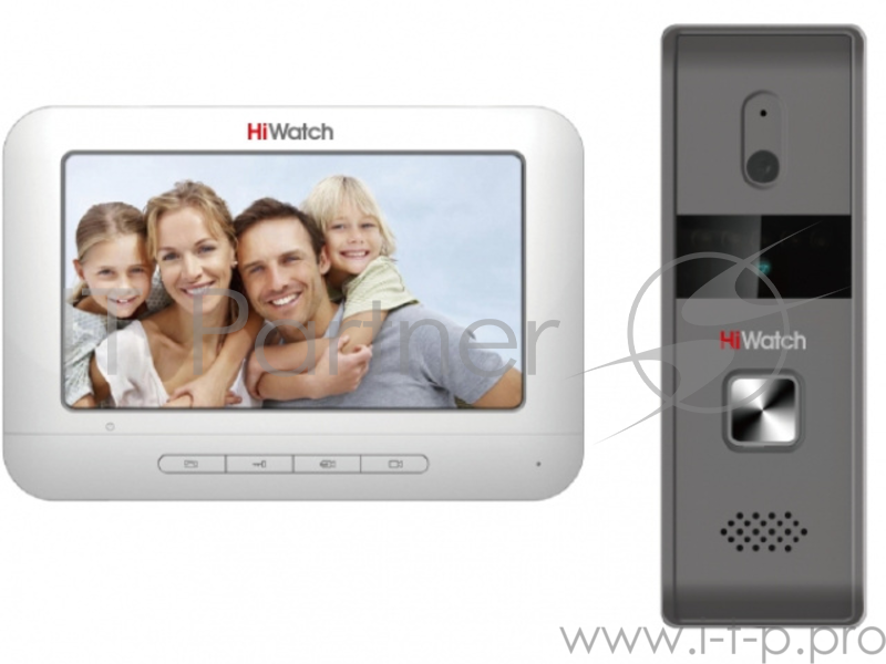 Комплект ового видеодомофона HiWatch DS-D100K Антивандальная вызывная панель с камерой разрешением 720 х 576 и ИК-подсветкой до 2м + 7 цветной TFT монитор 800х480, 4-х проводная схема, 12В DC, 5Вт макс., адаптер в комплекте