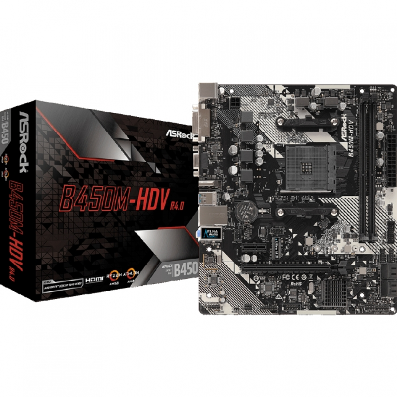 B450M-HDV R4.0, Socket AM4, AMD B450, 2xDDR4-2667, D-SUB+DVI-D+HDMI, 1xPCI-Ex16, 1xPCI-Ex1, 4xSATA3(RAID 0/1/10), 1xM.2, 8 Ch Audio, GLan, (2+4)xUSB2.0, (4+2)xUSB3.1, 1xPS/2, mATX, RTL, {}