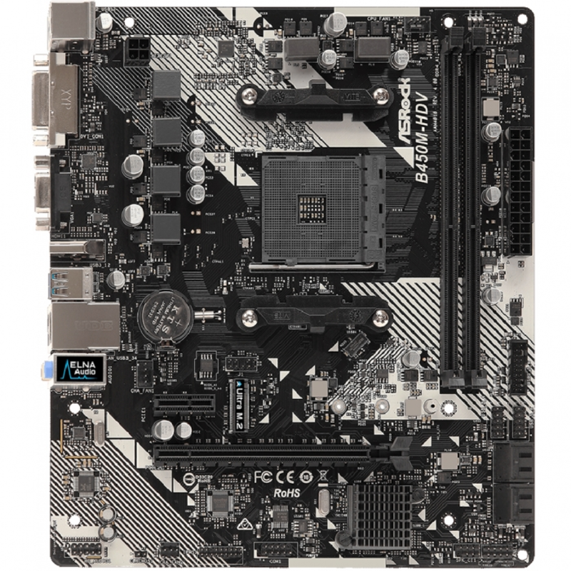 B450M-HDV R4.0, Socket AM4, AMD B450, 2xDDR4-2667, D-SUB+DVI-D+HDMI, 1xPCI-Ex16, 1xPCI-Ex1, 4xSATA3(RAID 0/1/10), 1xM.2, 8 Ch Audio, GLan, (2+4)xUSB2.0, (4+2)xUSB3.1, 1xPS/2, mATX, RTL, {}