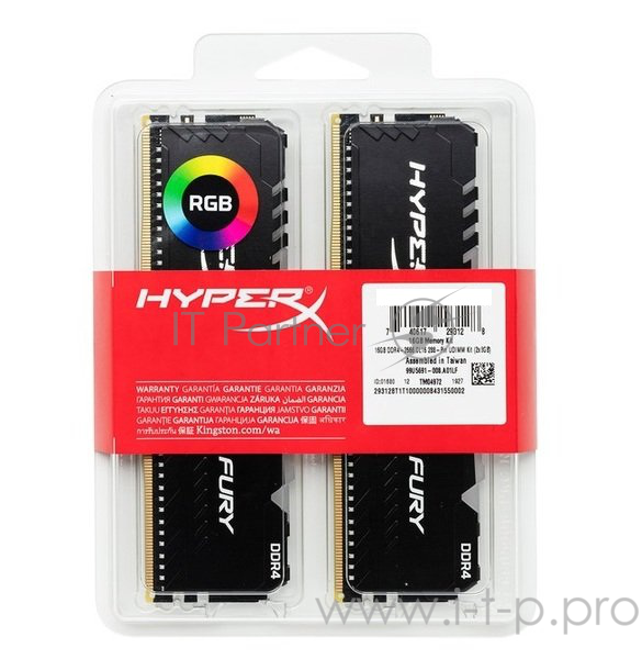 Модуль памяти Kingston DRAM 16GB 2400MHz DDR4 CL15 DIMM (Kit of 2) 1Rx8 HyperX FURY RGB EAN: 740617293180