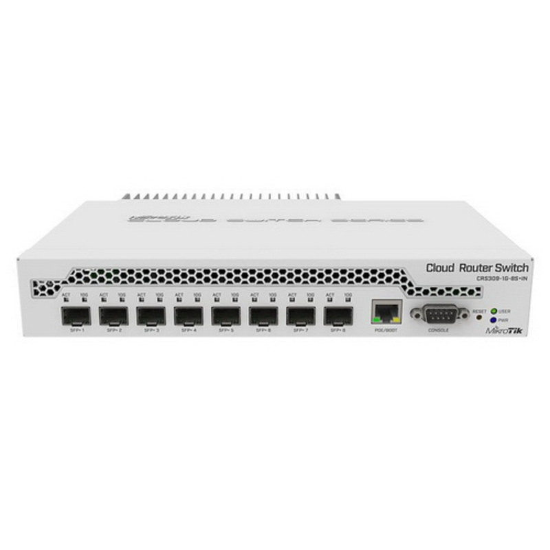 MikroTik CRS309-1G-8S+IN Коммутатор 8 SFP+, dual-core 800MHz CPU, 512MB RAM, POE, RS232 serial port