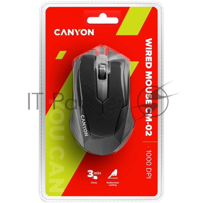 Мышь CANYON wired optical Mouse with 3 buttons, DPI 1000, Black, cable length 1.25m, 120*70*35mm, 0.07kg