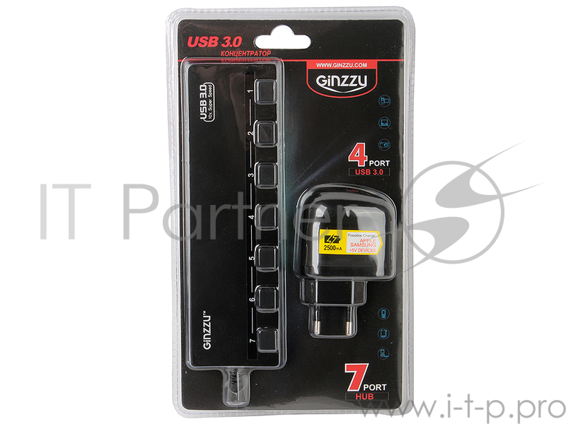 Контроллер HUB GR-388UAB Ginzzu USB 3.0/2.0 7 port + adapter