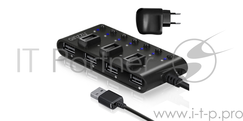 Контроллер HUB GR-487U(A)B Ginzzu USB 2.0 7 port + adapter
