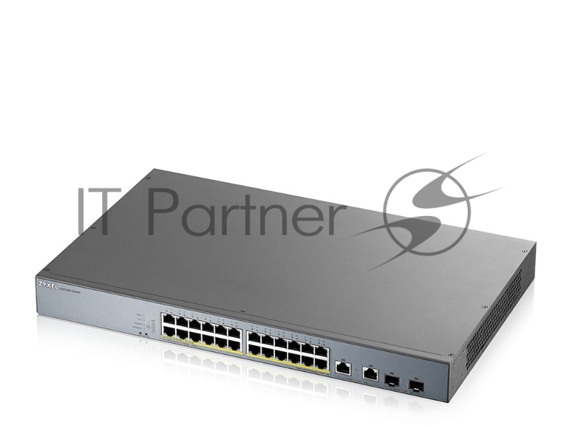 Коммутатор Zyxel GS1350-26HP, 24xGE PoE+, 2xCombo (SFP/RJ-45), бюджет PoE 375 Вт, дальность передачи питания до 250 м, автоперезагрузка PoE-портов, повышенная защита от перенапряжений и электростатических разряд