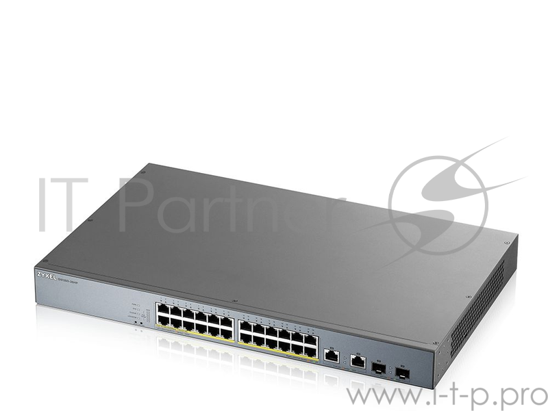 Коммутатор Zyxel GS1350-26HP, 24xGE PoE+, 2xCombo (SFP/RJ-45), бюджет PoE 375 Вт, дальность передачи питания до 250 м, автоперезагрузка PoE-портов, повышенная защита от перенапряжений и электростатических разряд