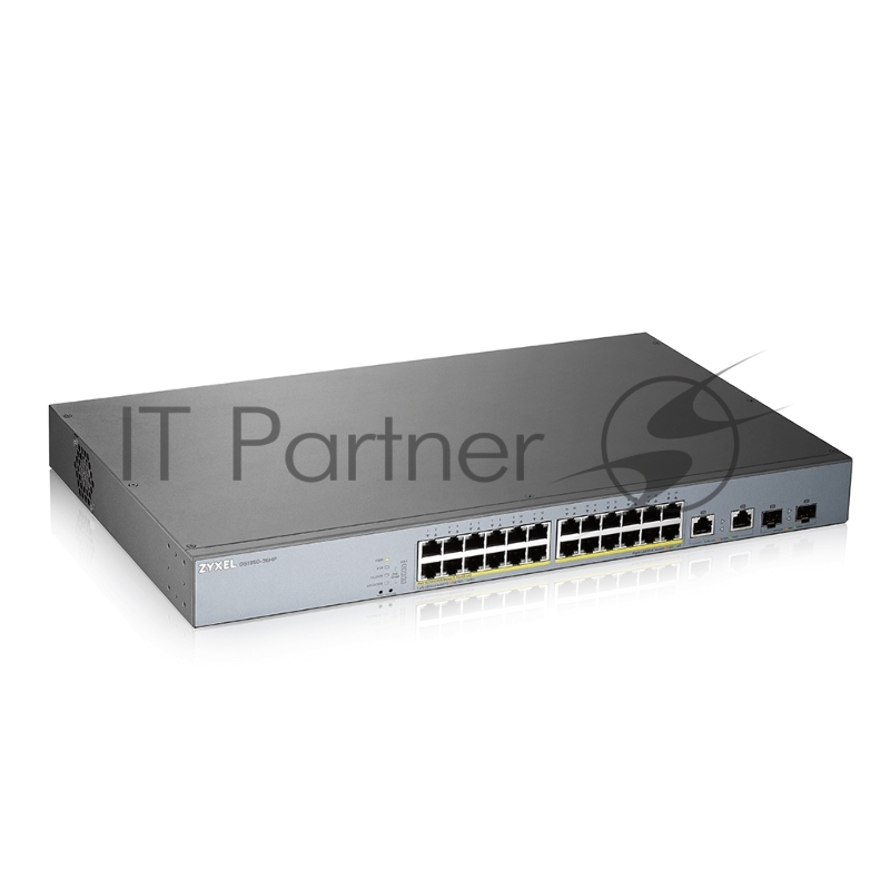 Коммутатор Zyxel GS1350-26HP, 24xGE PoE+, 2xCombo (SFP/RJ-45), бюджет PoE 375 Вт, дальность передачи питания до 250 м, автоперезагрузка PoE-портов, повышенная защита от перенапряжений и электростатических разряд