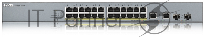 Коммутатор Zyxel GS1350-26HP, 24xGE PoE+, 2xCombo (SFP/RJ-45), бюджет PoE 375 Вт, дальность передачи питания до 250 м, автоперезагрузка PoE-портов, повышенная защита от перенапряжений и электростатических разряд