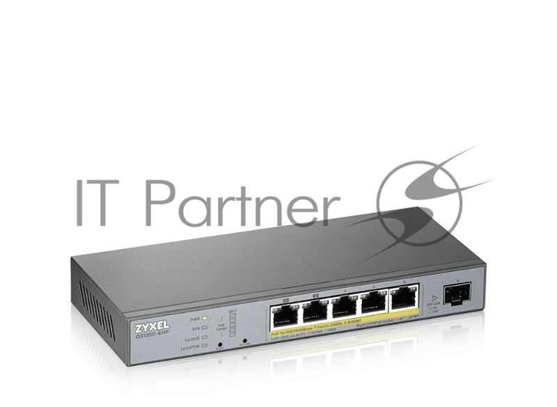 Коммутатор Zyxel GS1350-6HP, 4xGE PoE+, 1xGE PoE++ (802.3bt), 1xSFP, бюджет PoE 60 Вт, дальность передачи питания до 250 м, автоперезагрузка PoE-портов, повышенная защита от перенапряжений и электростатических р
