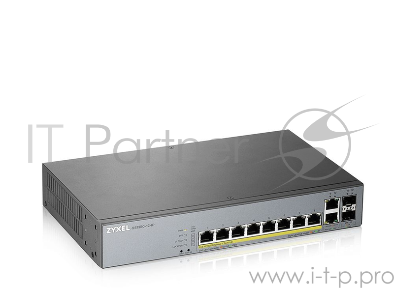 Коммутатор Zyxel GS1350-12HP, 10xGE (8xPoE+), 2xSFP, бюджет PoE 130 Вт, дальность передачи питания до 250 м, автоперезагрузка PoE-портов, повышенная защита от перенапряжений и электростатических разрядов