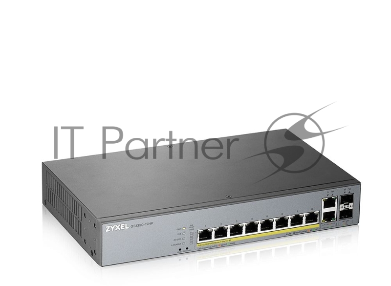 Коммутатор Zyxel GS1350-12HP, 10xGE (8xPoE+), 2xSFP, бюджет PoE 130 Вт, дальность передачи питания до 250 м, автоперезагрузка PoE-портов, повышенная защита от перенапряжений и электростатических разрядов