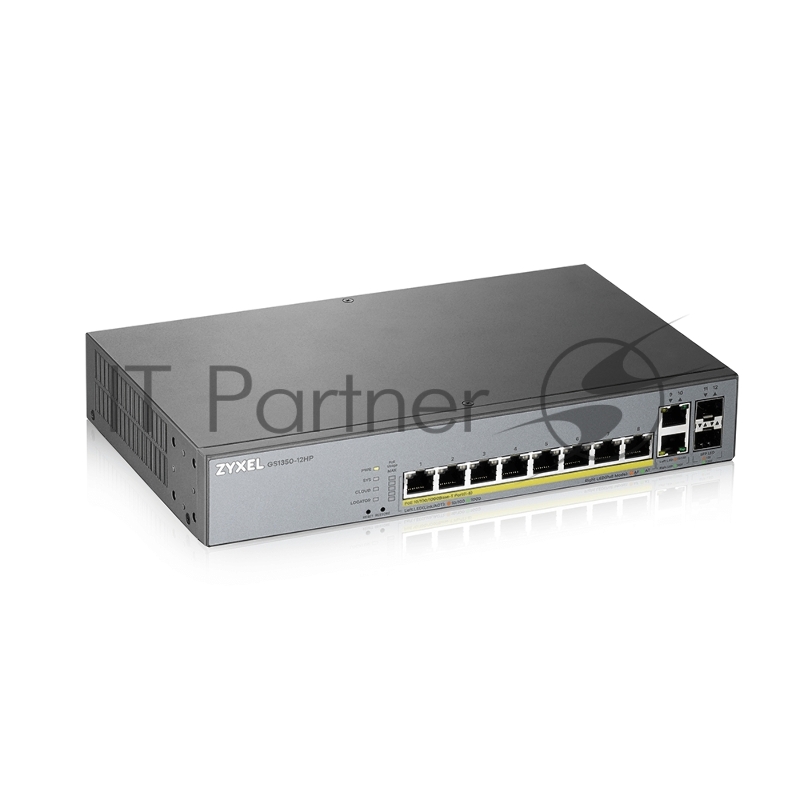 Коммутатор Zyxel GS1350-12HP, 10xGE (8xPoE+), 2xSFP, бюджет PoE 130 Вт, дальность передачи питания до 250 м, автоперезагрузка PoE-портов, повышенная защита от перенапряжений и электростатических разрядов