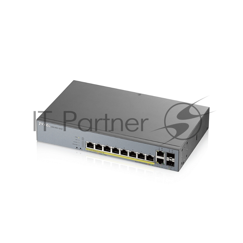 Коммутатор Zyxel GS1350-12HP, 10xGE (8xPoE+), 2xSFP, бюджет PoE 130 Вт, дальность передачи питания до 250 м, автоперезагрузка PoE-портов, повышенная защита от перенапряжений и электростатических разрядов