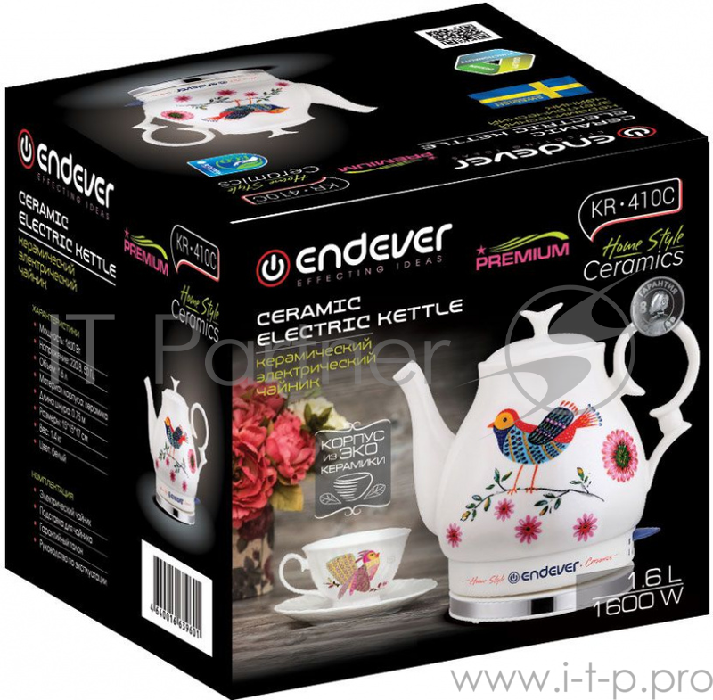 Чайник Endever Skyline KR-410 C. 1 600 Вт, керам. корпус , 1,6л, белый с рисунком