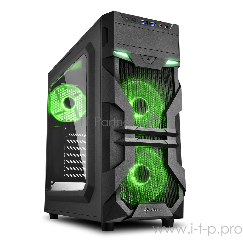 Sharkoon VG7-W green led игровой корпус чёрный (ATX, акрил, fan 2x120 мм + 1x120 мм, 2xUSB 3.0, audio)