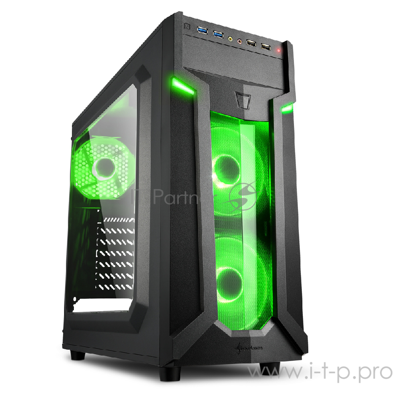 Sharkoon VG6-W green led игровой корпус чёрный (ATX, акрил, fan 2x120 мм + 1x120 мм, 2xUSB 3.0, 2xUSB 2.0,audio)