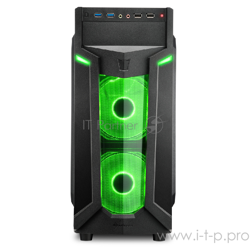 Sharkoon VG6-W green led игровой корпус чёрный (ATX, акрил, fan 2x120 мм + 1x120 мм, 2xUSB 3.0, 2xUSB 2.0,audio)
