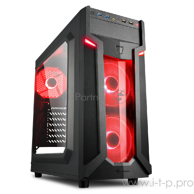 Sharkoon VG6-W red led игровой корпус чёрный (ATX, акрил, fan 2x120 мм + 1x120 мм, 2xUSB 3.0, 2xUSB 2.0,audio)