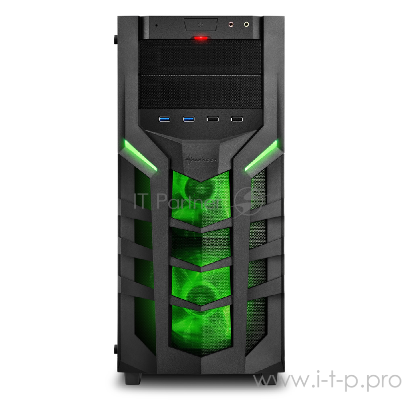 Sharkoon DG7000-G green led игровой корпус чёрный (ATX, Закаленное стекло, fan 2x120 мм + 1x120 мм, 2 x USB 3.0,2 x USB 2.0, audio)
