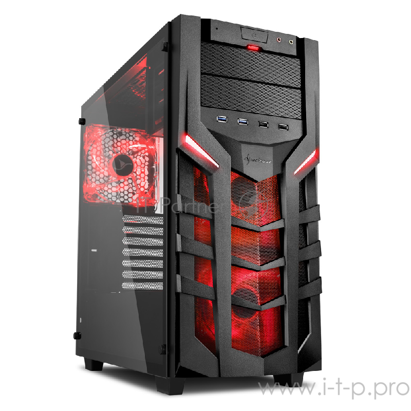 Sharkoon DG7000-G red led игровой корпус чёрный (ATX, Закаленное стекло, fan 2x120 мм + 1x120 мм, 2 x USB 3.0,2 x USB 2.0, audio)