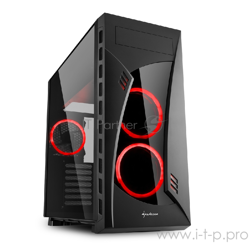 Sharkoon NIGHT SHARK red led игровой корпус чёрный (ATX, закаленное стекло, fan 2x120 мм + 1x120 мм + 1x120 мм, 2xUSB 2.0, 2xUSB 3.0, audio)