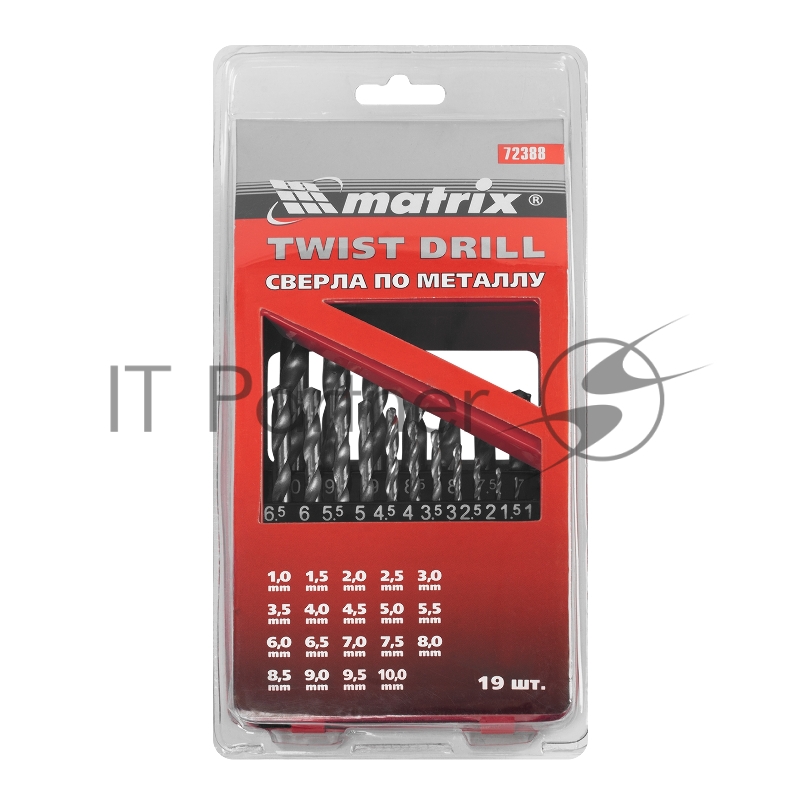 Набор сверл MATRIX 723887 по металлу 1-10мм hss 19шт метал. коробка цил. хвостовик