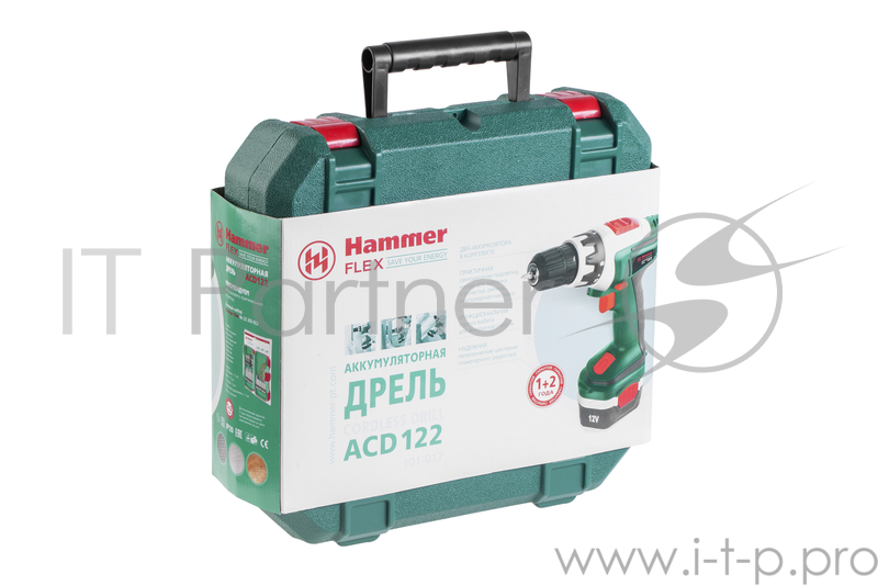 Дрель, Шуруповерт Hammer Flex ACD122 101-017 Аккумуляторная дрель 34836 {12.0В 2x1.2Ач 10мм 0-400/0-1200об/мин 15Нм, в кейсе}