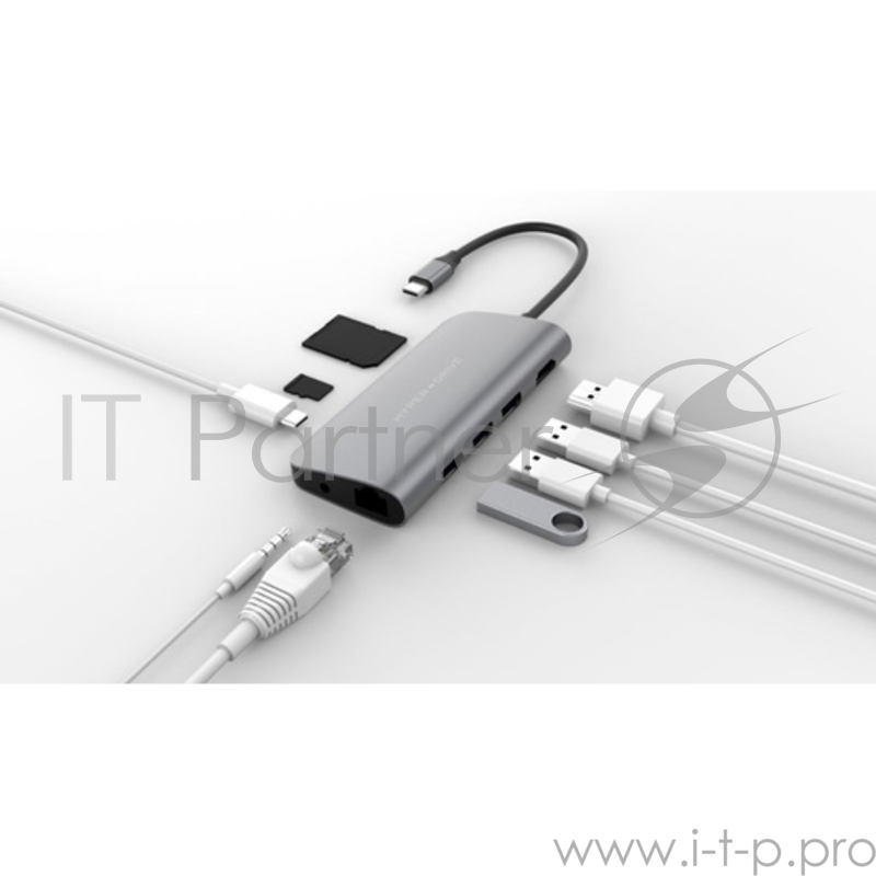 USB Хаб HyperDrive POWER 9 in 1 Hub для USB-C iPad/MacBook Pro/MacBook Air и других устройств с портом USB-C. Порты: HDMI 4K30Hz, 3 x USB-A 3.0 5Gbps, Micro SD, SD, USB-C PD 60W, Gigabit Ethernet, 3.5mm Audio Jack. Цвет серебряный.